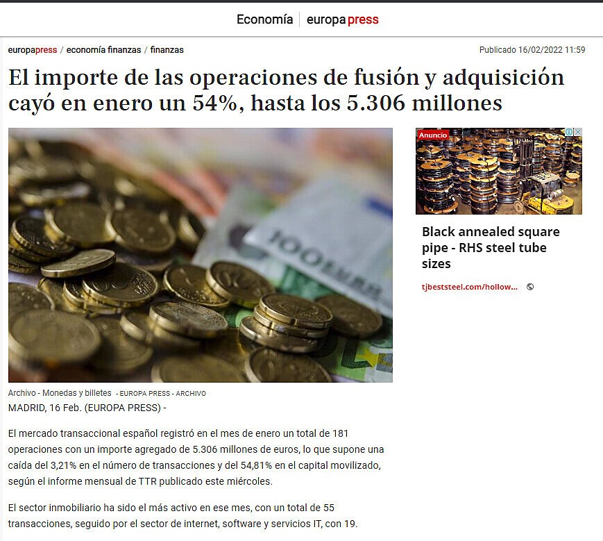 El importe de las operaciones de fusin y adquisicin cay en enero un 54%, hasta los 5.306 millones